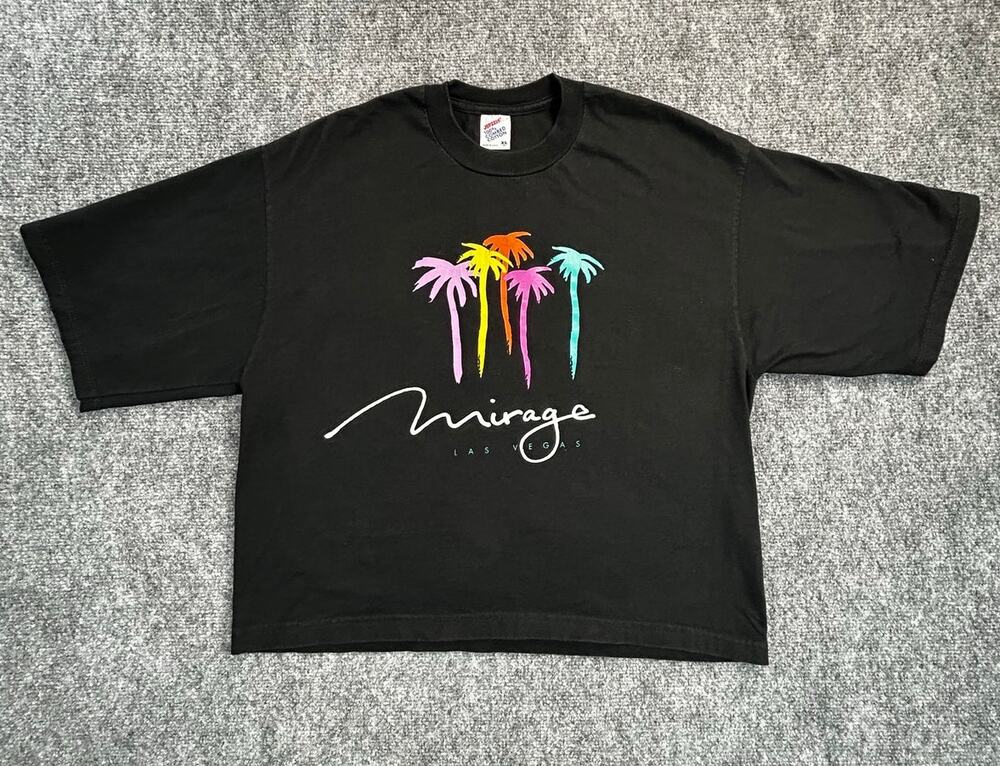Woman's Vintage 90s Mirage Las Vegas Crop Top Tee XL USA Made Jerzees Neon Palm